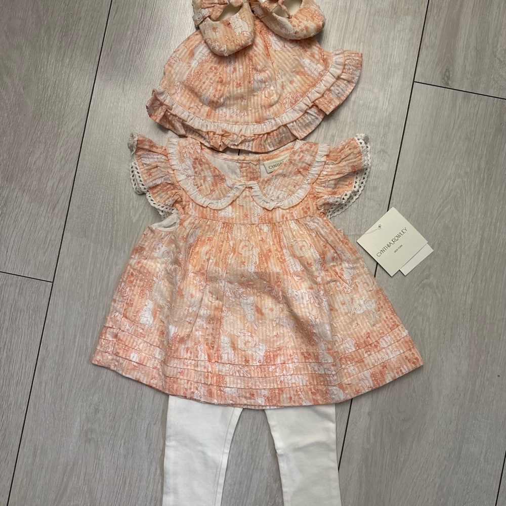 Peach and White Bunny Baby Dress Set